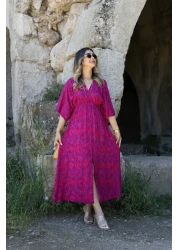 bytugcekaya Cherry Color Dress with Bat Sleeve and Slit Detail