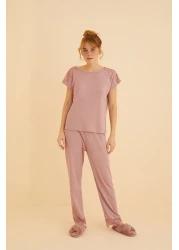 Siyah İnci Lilac Lace Detailed Soft Touch Slim Knitted Pajamas Set