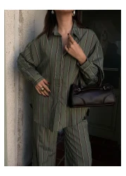 minaaise Women's Green Striped Wide Cut Viscose Fabric Shirt and Pants Bottom/Top Suit 29046