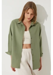 Happiness İstanbul قميص أساسي طويل كبير الحجم للنساء كاكي DD00842