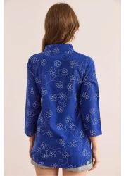 Olalook Women's Ivy Saks Blue Sleeve Fold Linen Shirt Gml- 19000825