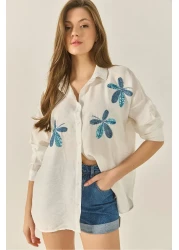 Bianco Lucci Women's Leaf Bead Embroidered Aerobin Oversize Shirt 60283024