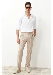  Collection Beige Italian Cut Pleated Classic Double Leg Fabric Trousers Tmnss24Pl00022