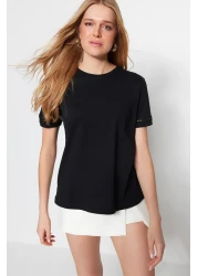  Collection Black 100% Cotton Basic Crew Neck Knitted T-Shirt with Embroidery Detail TWOSS23TS00012