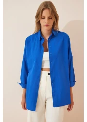 Happiness İstanbul قميص أساسي طويل كبير الحجم باللون الأزرق الداكن للنساء DD00842