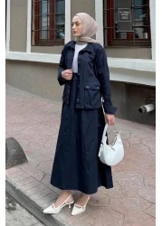 lamelif طقم حجاب بتفاصيل جيب وتنورة مزدوجة باللون الأزرق الداكن