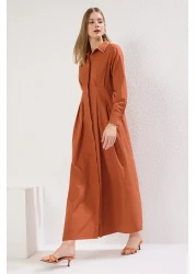  Modest فستان قميص منسوج بتفاصيل لؤلؤ القرفة TCTSS25EB00088