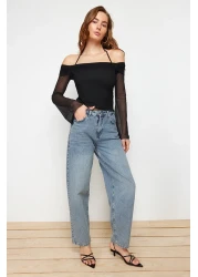  Collection Black Flare Sleeves Lacing Detail Knitted Madonna Neck Blouse Twoss24Bz00046