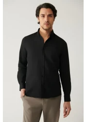 Avva Men's Black Button Collar Easy Iron Cotton Oxford Shirt E 002000