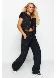  Collection بنطلون أسود منسوج واسع الساق مع تفاصيل خياطة متباينة TWOSS21PL0288