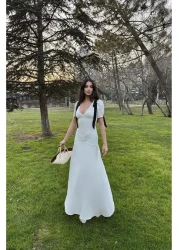 Afiş Butik White Deep V-Neck Off the Shoulder Bow Detail Lined Long Dress