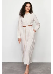  Modest Beige Striped Belt Detailed Woven Dress TCTSS24EB00171