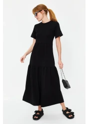  Collection Black Gathered Short Sleeve Knitted Maxi Dress TWOSS24EL00132