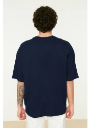  Collection Navy Blue Oversize Socks, Short Sleeve Boston Printed Cotton T-Shirt