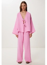 Happiness İstanbul Women's Pink Lacing Detailed Muslin Bottom-Top Set Bv00171