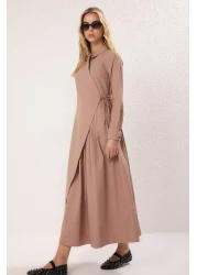  Modest Camel Double Breasted Closure Pleated Cotton Woven Dress Tctss25Eb00065