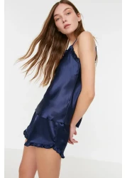  Collection Navy Blue Ruffled Rope Strap Satin Shorts Woven Pajamas Set Thmss22Pt0274