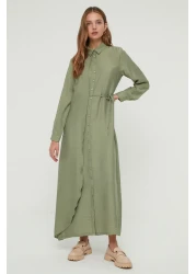  Modest قميص منسوج بأزرار جانبية باللون الأخضر، فستان ذو مظهر كتان TCTSS22EB0025