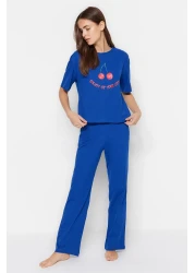  Collection Cherry Printed 100% Cotton Navy Blue Pajama Set - T-Shirt and Pants Thmss23Pt00134