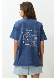  Collection Indigo 100% Cotton Faded Effect Back Printed Boyfriend Crew Neck Knitted T-Shirt TWOSS23TS00109