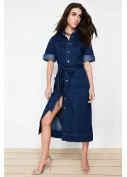  Collection Blue Belted Maxi Denim Dress Twoss24El00531