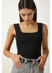 Happiness İstanbul Women's Black and White Square Collar Thick Strap 2 Pack Knitwear Blouse US00822