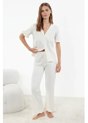  Collection White 100% Cotton Frill Detailed Knitted Pajamas Set Thmss24Pt00223