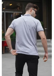 Madmext تي شيرت رمادي مخطط بياقة بولو 5869