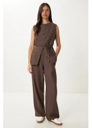 Happiness İstanbul Women's Brown Tie Detailed Linen Vest Trousers Suit No00026