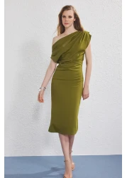  Collection Oil Green Midi Knitted Dress with Draped Detail