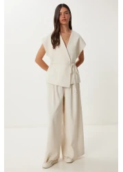 Happiness İstanbul Women's Cream Linen Vest Pants Suit No00020