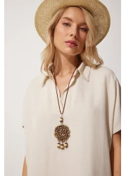 Happiness İstanbul Women's Cream Necklace Long Summer Linen Dress ZH00015