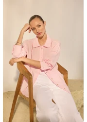  Collection قميص وردي 100% كتان مع تفاصيل مطرزة TWOSS25GO00132