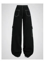 KOTOLOG Unisex Wide Leg White Stitched Cargo Pocket Trousers