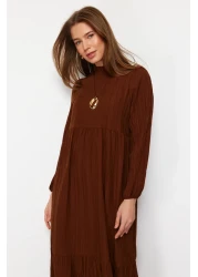  Modest Brown Stand Collar Crinkle Wide Fit Woven Dress TCTSS22EB00171
