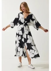 Happiness İstanbul Women's Black and White Wraped Collar Patterned Summer Viscose Dress DK00166