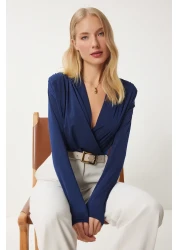 Happiness İstanbul Women's Navy Blue Wraped Collar Padded Sandy Blouse with Snap Fasteners Zh00039