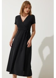 Happiness İstanbul فستان نسائي أسود محبوك بفتحة رقبة على شكل حرف V TO00134