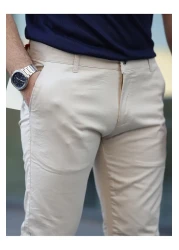 BASEL.CO بنطال تشينو كتان صيفي رفيع بقصة ضيقة