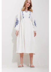 Trend Alaçatı Stili Women's White V-Neck Lined Linen Embroidered Midi Dress ALC-X11569