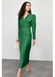  Modest فستان قميص منسوج من الكتان بحزام كاكي TCTSS24EB00017