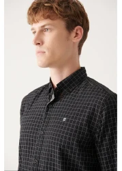 Avva Men's Black Seersucker Cotton Plaid Patterned Shirt A31Y2214