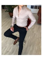 TerziAdemAltun Italian Style Slim Fit Stand Collar Satin Men's Shirt Beige T4751