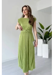 MODAMİNEM فستان نسائي بطيات باللون الأخضر الفستقي مع تفاصيل أربطة