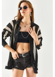 Olalook Women's Black Stone Striped Oversize Cotton Knitwear Shirt GML-19001128