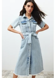  Collection Blue Hemline Tassel Belt Maxi Denim Dress Twoss24El00377