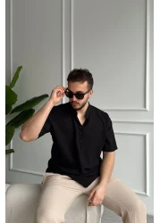 Livio Ferri Soro Men's Oversize Linen Look Short Sleeve Court Collar Half Placket Shirt