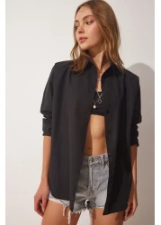Happiness İstanbul قميص بوبلين أساسي أسود كبير الحجم للنساء BH00420