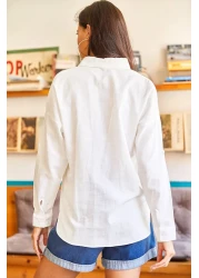 Olalook Women's Ecru Pocket Embroidery Detailed Casual Woven Linen Shirt GML-19001009