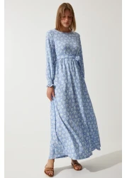 Happiness İstanbul فستان نسائي صيفي طويل محبوك بالزهور باللون الأزرق السماوي DD01322